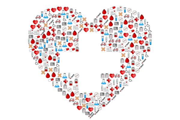 Corazón con símbolos sanitarios para ilustrar Congreso Anecorm 2018 de Asociación Nacional de Enfermería Coordinadora de Recursos Materiales